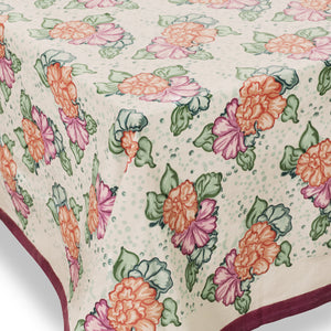 Floral table cloth with red hem - close up